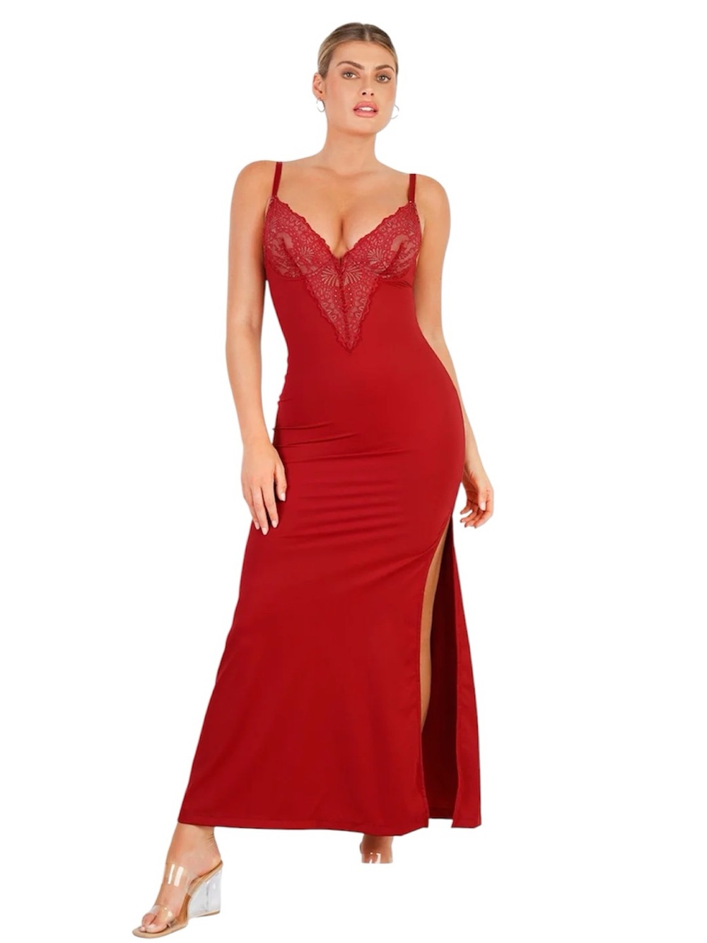 Popilush Lace Smooth Built-In Shapewear Maxi Dress - Red, Size Small NWT